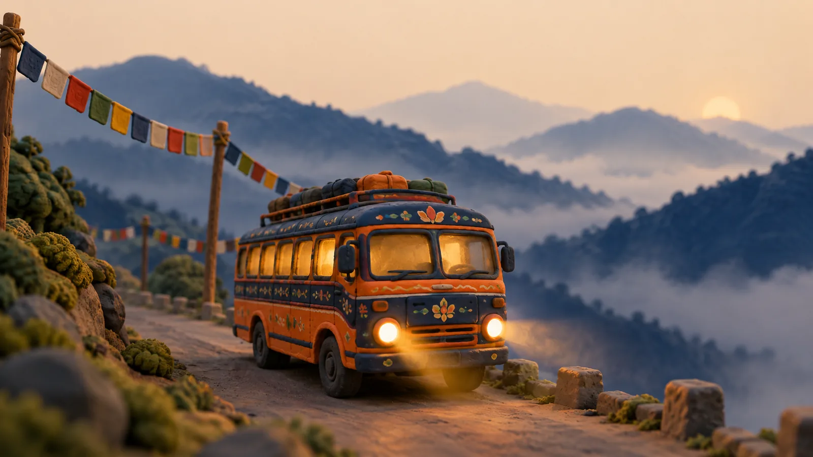 A clay-model Nepali night bus, painted orange and blue with its windows and headlights glowing, climbing a misty mountain road under a line of prayer flags at dusk